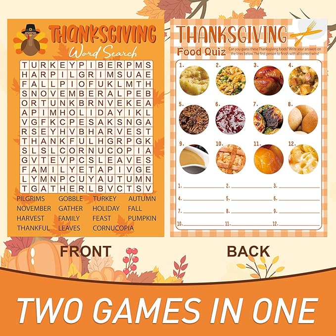 COCHIE 30 Players Thanksgiving Games for Family Party Adults Office Large Groups, Word Search Games, Food Quiz Game, Fall Classroom Activities with Answer Key (Thanksgiving B)
