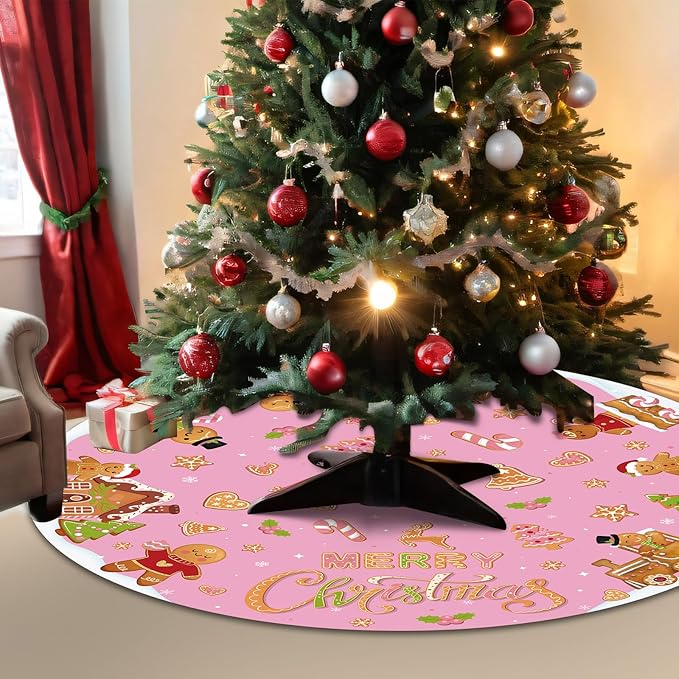Capoda Pink Christmas Tree Skirt Gingerbread Man Candy Christmas Tree Skirt 48 Inch Xmas Tree Mat Gingerbread Christmas Tree Skirts Mat for Holiday Christmas Party Decorations Indoor Outdoor