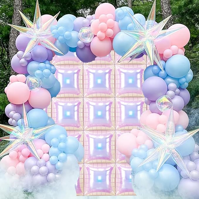 Iridescent Balloons Wall Square, 25Pcs Transparent Laser Foil Balloon Backdrop, Double Sided Gradient Crystal Colorful Balloon Tunnel Arch Background for Birthday Wedding Baby Shower Easter Rainbow