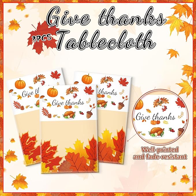 3pcs Thanksgiving Tablecloth, Thanksgiving Decorations Disposable Plastic Fall Tablecloth Maple Leaves Table Cover for Friendsgiving, Indoor and Outdoor 54 X 108 inch