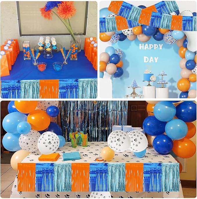 BEISHIDA 3 Packs Metallic Foil Fringe Garland Orange Bue Wall Hanging Tinsel Fringe Banners for Car Floats Birthday Party Decoration Baby Shower Backdrops Dog Theme Party Supplies(30 Feet)