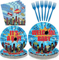 96Pcs Super Theme Hero Baby Shower Party Decoration Blue Welcome-Baby Plates and Napkins Hero City Buildings Disposable Tableware Set for Boys Baby Shower Birthday Party Supplies Serves 24
