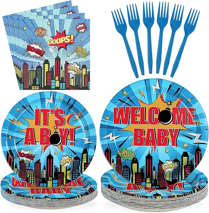 96Pcs Super Theme Hero Baby Shower Party Decoration Blue Welcome-Baby Plates and Napkins Hero City Buildings Disposable Tableware Set for Boys Baby Shower Birthday Party Supplies Serves 24