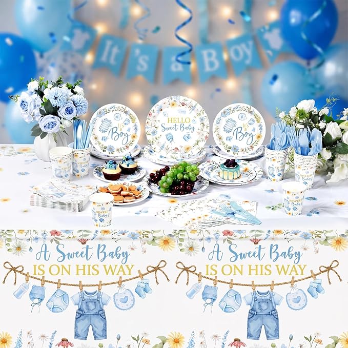 Pickmesh 194 Pcs It's a Boy Sweet Baby Shower Decorations for 24, Spring Blue Floral Baby Shower Paper Plates and Napkins Cups Tablecloth Cutlery for Gender Reveal Party Supplies