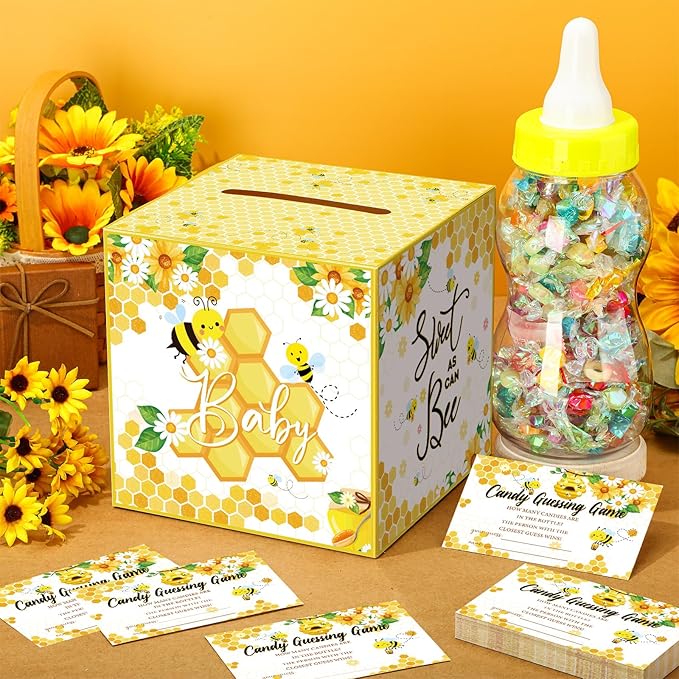 Glenmal 52 Pcs Baby Shower Games Gift Sets Large Baby Bottle for Shower Game Guess How Many Candies Decorations for Gender Reveal(Sweet As Can Bee)
