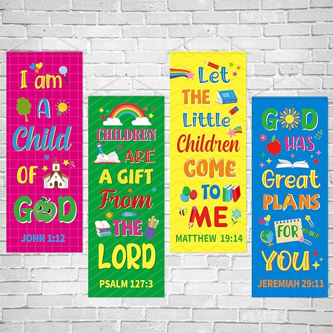 Panelee 4 Pcs Church Banners for Sanctuary Wall Rainbow Cartoon Church Banners with Scripture Inspirational Religious Praise Bible Verses Hanging Backdrop Signs for Sunday School Worship Decoration