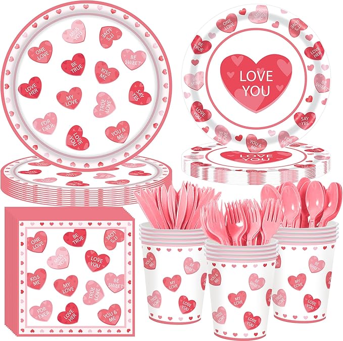 168Pcs Valentines Paper Plates and Napkins,Valentine's Day Party Supplies Pink Heart Paper Plates Napkins Cups Dinnerware for Galentines Party Decorations,Serves 24