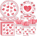 168Pcs Valentines Paper Plates and Napkins,Valentine's Day Party Supplies Pink Heart Paper Plates Napkins Cups Dinnerware for Galentines Party Decorations,Serves 24
