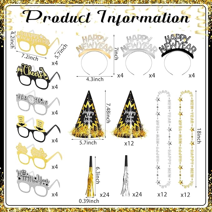 120 Pcs 2026 New Years Eve Party Supply Decor Kit Happy Headband Bulk Glass Cone Hat Necklace Blowout for New Years Favor