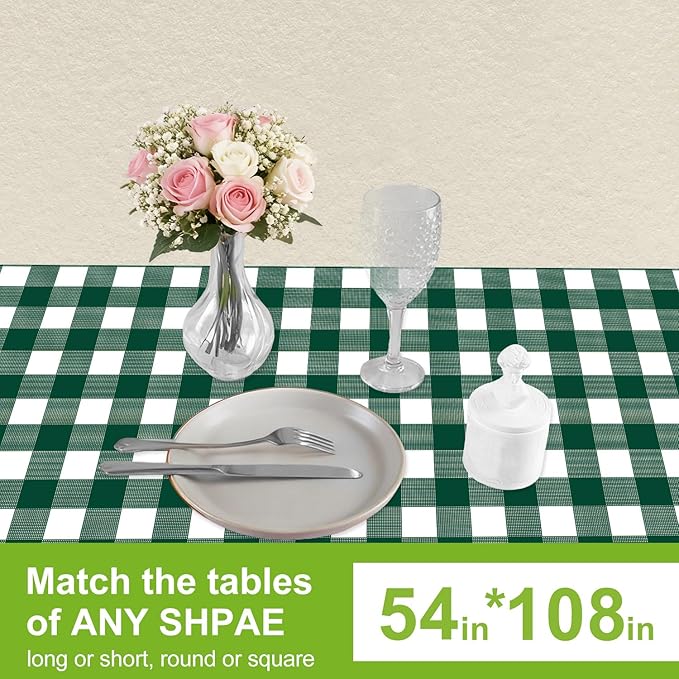 Oigco 3 Pack Green and White Checkered Tablecloth 54 x 108 Inches, Rectangle Disposable Plastic Green Gingham Tablecloth, Picnic Table Cover for Outdoor, Christmas, Golf Birthday Decorations
