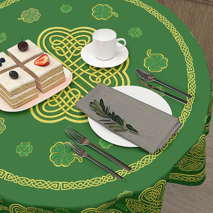 St. Patrick's Day Round Tablecloth 70 Inch Leaf Clover Pattern Circle Table Cloth Green Table Cover Washable Polyester Indoor Decorations for Home Kitchen Dinning Party