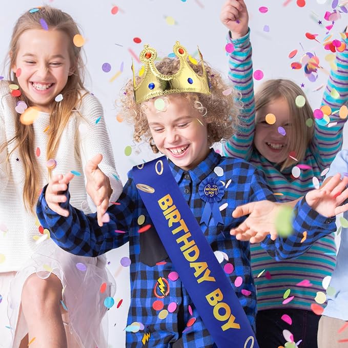 Norme 3 Pcs Blue with Gold Ring Birthday Sash King Crown and Button Pin Blue Golden Rings Cartoon Themed Birthday Party Accessory Set for Party Supplies Favors