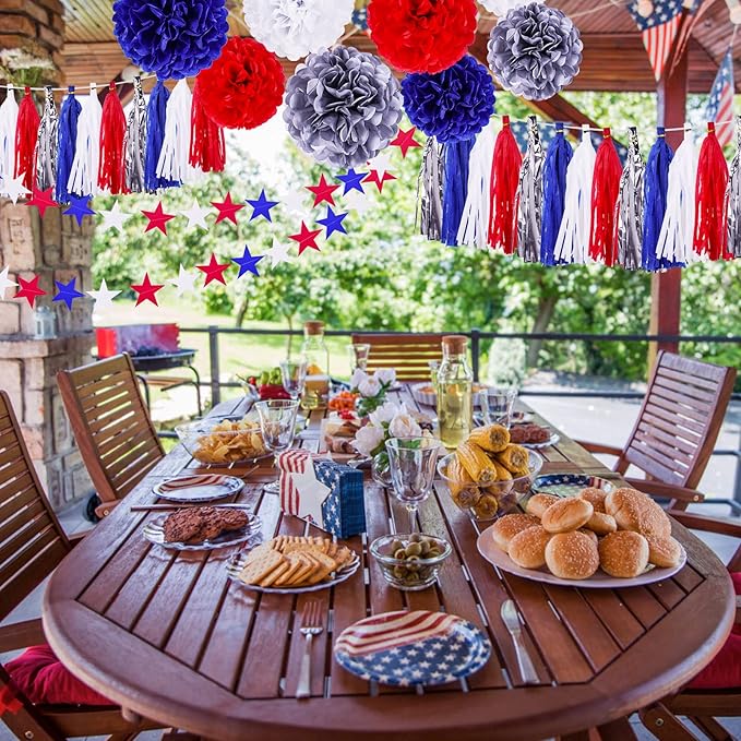 30PCS 4th of July Patriotic Party Decorations, Hanging Tissue Paper Pom Poms Flowers, Red White Blue Tassels Garland Star Streamers, Memorial Day Backdrop Independence Day Party Supplies