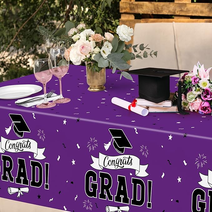 QZYL 2 Pcs Graduation Tablecloth, 108" X 54" Plastic Graduation Decorations 2026, Rectangle Purple Table Cloths for Grad Decor Party Supplies, Disposable Tablecover for Class of 2026 Congrats Grad