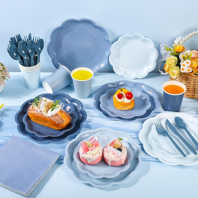 168 Pcs Dusty Blue Paper Plates and Napkins 24 Guests Gradient Scalloped Disposable Tableware Party Supplies Set for Baby Shower Wedding Birthday Garden Tea Party (Dusty Blue)