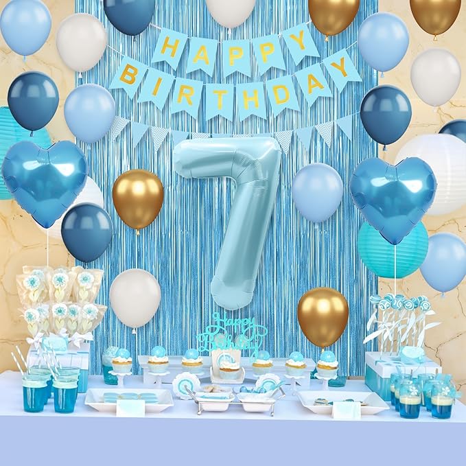 7th Birthday Decorations Blue White Gold,7th Birthday Balloons with Happy Birthday Banner Fringe Curtain Heart Foil Balloons for Boys Girls 7 Year Old Birthday Decor