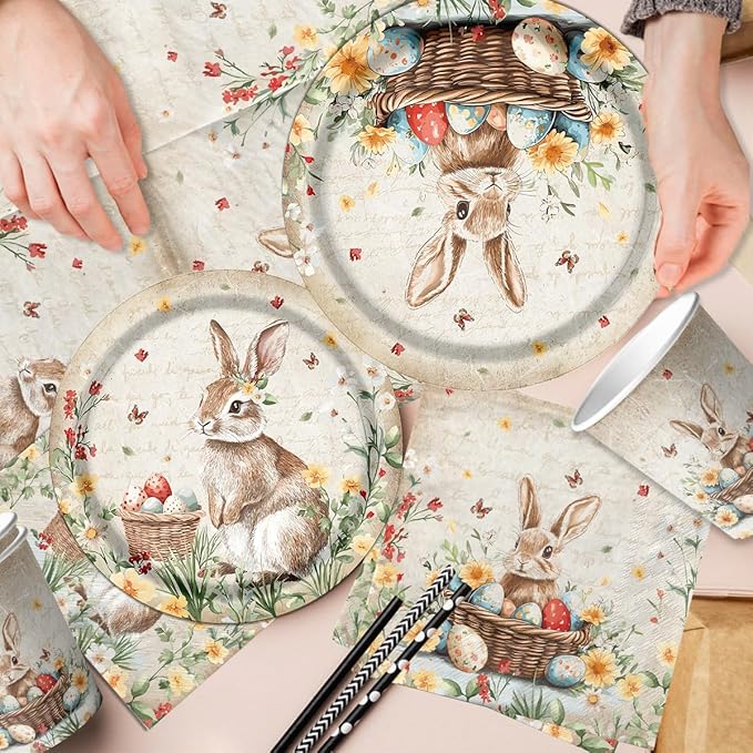 Easter Party Supplies,120Pcs Vintage Easter Paper Plates,Napkins,Knives,Forks Spring Easter Bunny Egg Flower Party Tableware for Easter Holiday Party,Happy Easter Decoration