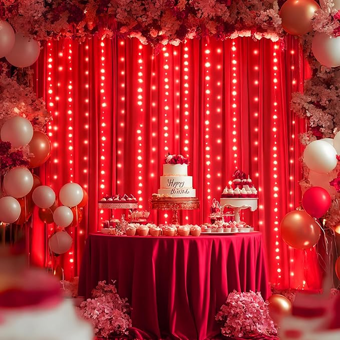 Red Backdrop Curtains with Lights for Parties,10x10FT Wrinkle Free Red Photo Backdrop Curtains for Wedding Baby Shower Birthday Ceremony Reception New Year Decorations-5ft x 10ft,2 Panels