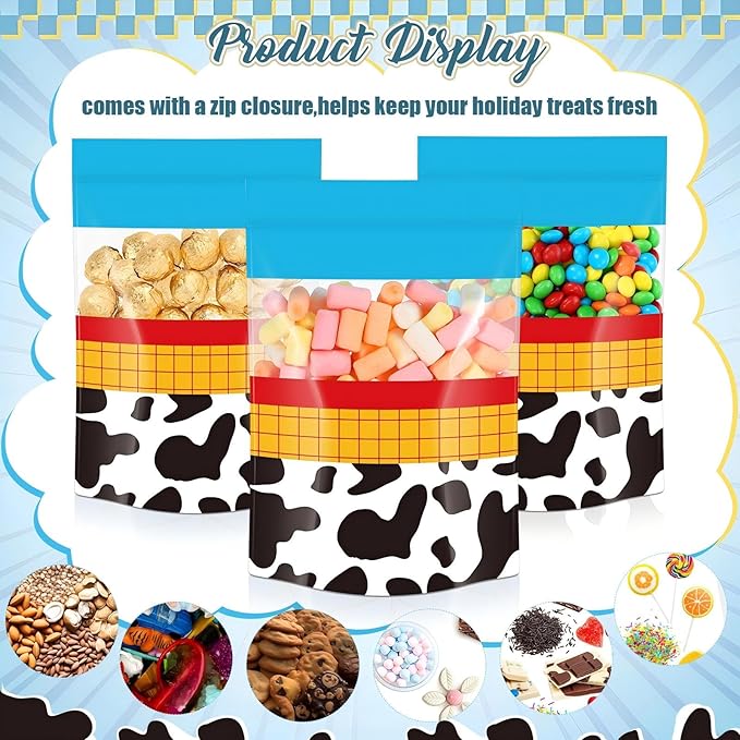 Fuutreo 50 Pcs Cartoon Story Bags Plastic Blue Sky Sealed Pouches Resealable Cow Pattern Pouches Party Favor Bags for Home Candy Small Gift Party Wrapping Supplies Decoration