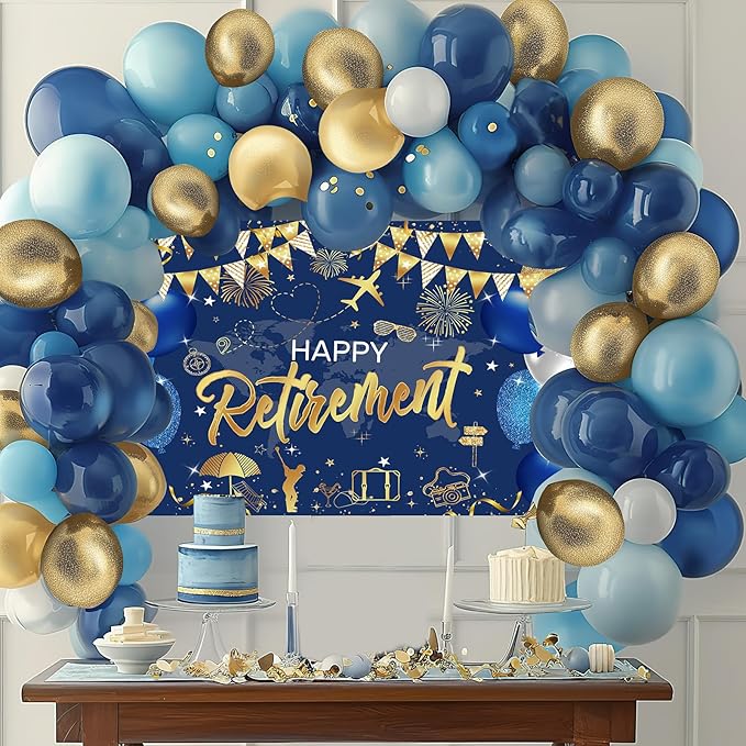 Mocsicka Retirement Party Decorations Blue and Gold Happy Retirement Backdrop Banner Retired Party Decorations Photo Booth Props (Blue Gold, 180x110cm)