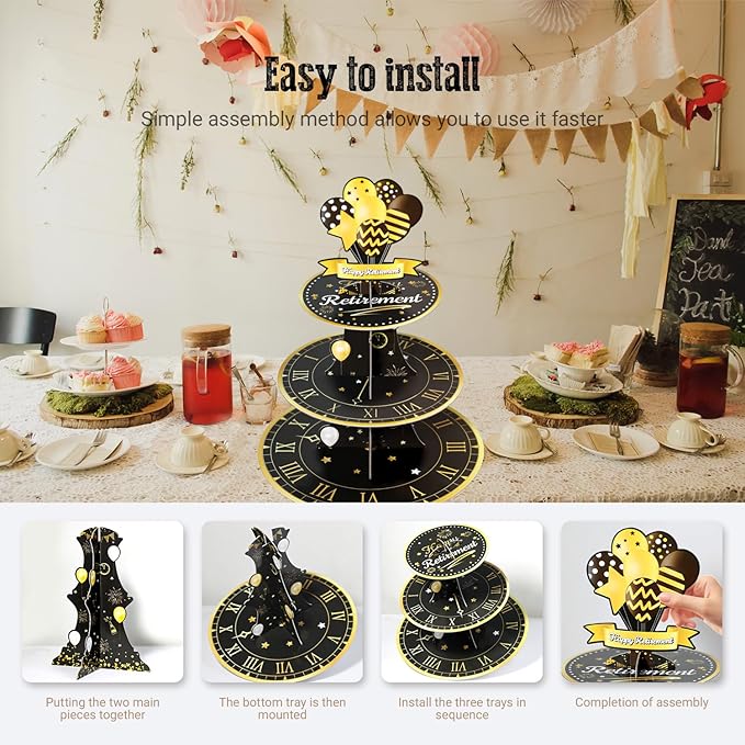 Happy Retirement 3 Tier Cupcake Stand,Cupcake Tower for Retirement Theme Farewell,Black Gold Cardboard Cake Dessert Holder Tower for retirement party decorations