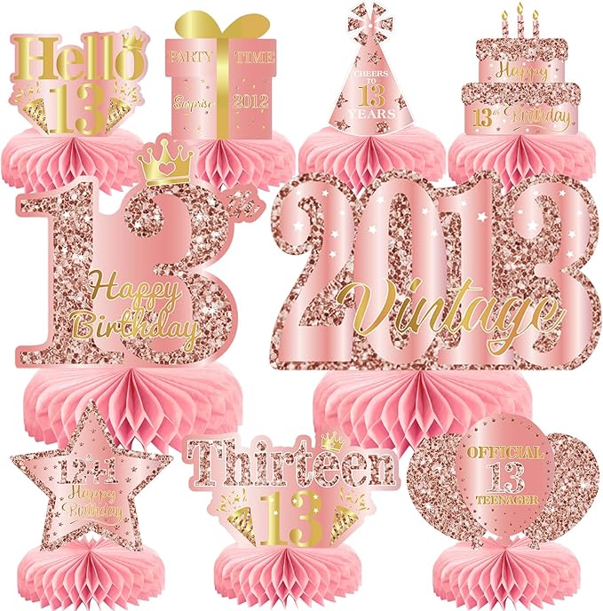 9Pcs 13th Birthday Decorations Rose Gold 13th Birthday Party Decorations for Girls,Pink Happy 13 Years Honeycomb Centerpieces Table Sign Decor Supplies
