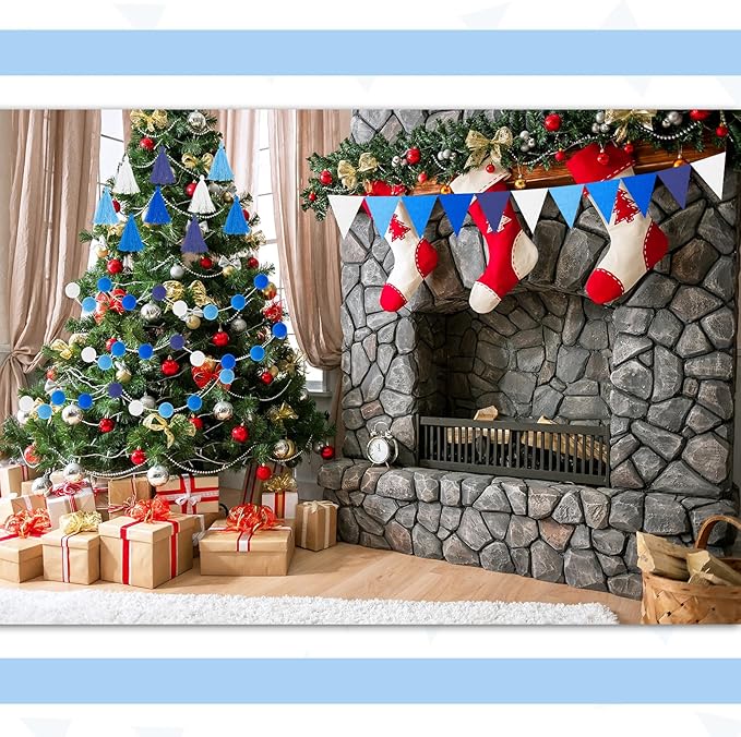 Irenare 9.8ft Pom Pom Garland Felt Rainbow Garland Graduation Party Decoration Colorful Pennant Tassel Banner Birthday Baby Shower Triangle Banner for Classroom School Mantel Fireplace(Blue)