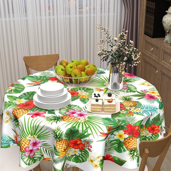 Summer Tropical Pineapple Round Tablecloth 70 Inch Green Hawaiian Palm Leaf Circle Table Cloth Floral Table Cover Washable Polyester Decorations for Kitchen Dinning Room Party