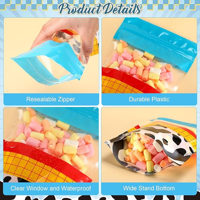 Fuutreo 50 Pcs Cartoon Story Bags Plastic Blue Sky Sealed Pouches Resealable Cow Pattern Pouches Party Favor Bags for Home Candy Small Gift Party Wrapping Supplies Decoration