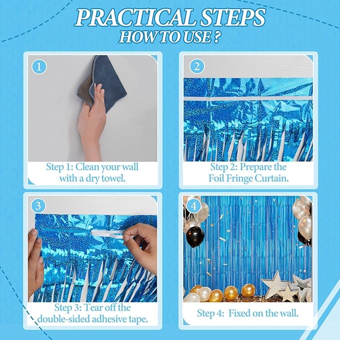 2 Pack Foil Fringe Backdrop - Laser Blue Shiny Tinsel Curtains for Party Decoration/Photo Booth Props - 3.3x6.6 FT Metallic Foil Backdrop for Birthday, Wedding, Graduation, Christmas.