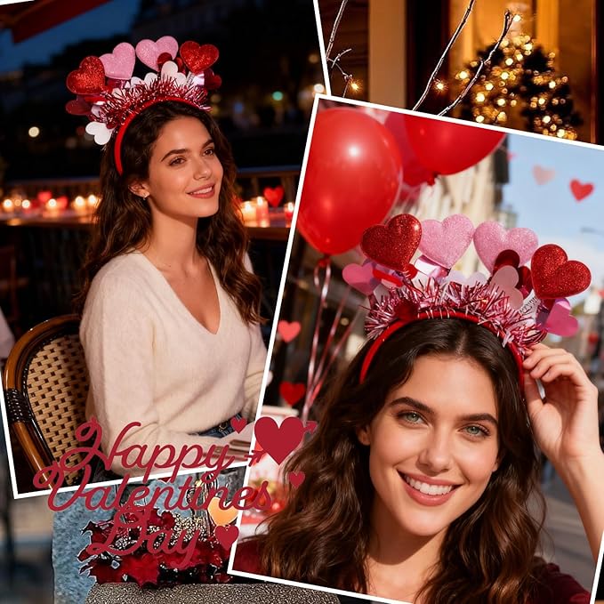 1pcs Valentines Headband Red Heart Headbands with Sequin Heart Hair Accessories Shiny Pink Tassel Head Bopper for Valentines Holiday Wedding Birthday Costume Accessory