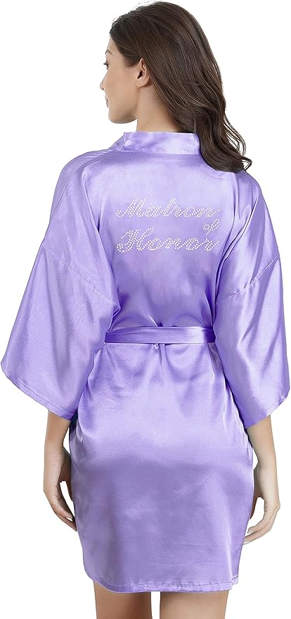 EPLAZA Women's One Size Silver Rhinestones Bride Bridesmaid Short Satin Robes for Wedding Party Getting Ready