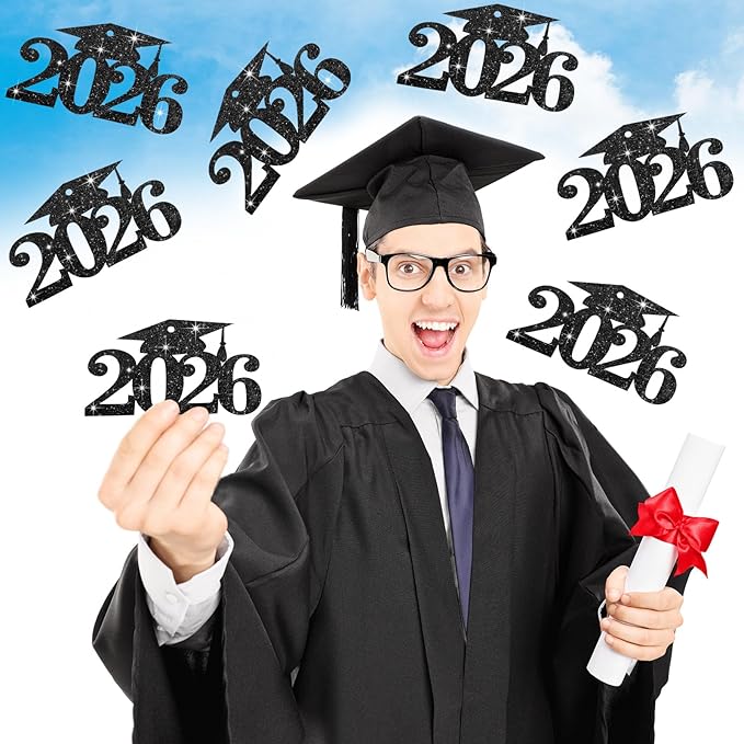 Chinco 24 Pcs 2026 Graduation Decorations Class of 2026 Graduation Centerpieces for Table Glitter Cutouts Grad Cap Tags Double Side Sparkling Glitter Confetti Party Decor for Vase Mason Jar (Black)