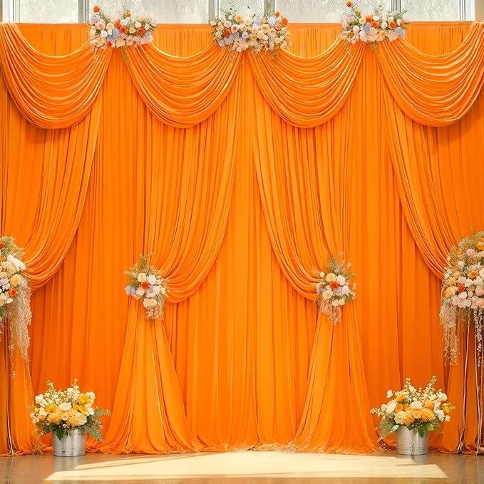40x10FT Orange Backdrop Curtains for Wedding Parties, Wrinkle Free Polyester Photography Backdrop Drapes for Wedding Baby Shower Birthday Parties Stage Background Stand Decorations 4x10ft,10 Panels