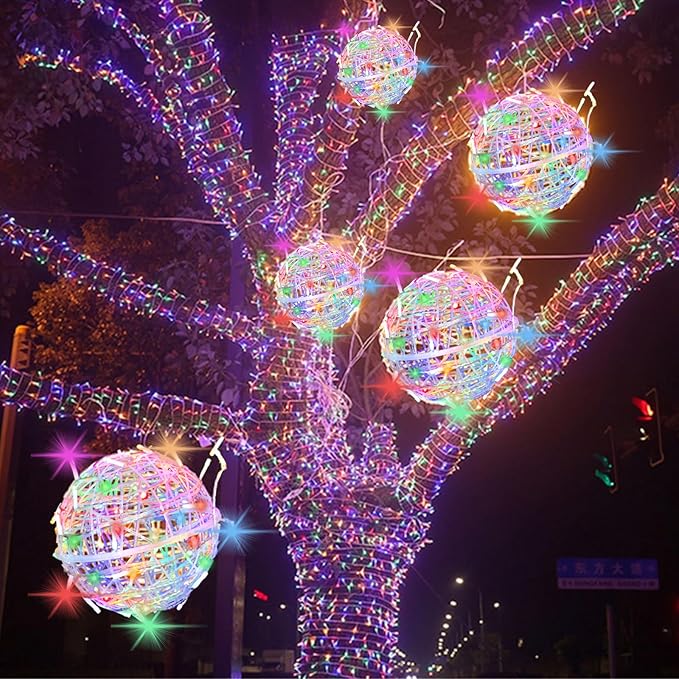 Outdoor Christmas Balls Lights Tree Lights Waterproof, 4 Pack 7.87" LED Hanging Globe Sphere Lights with 8 Lighting Modes Memory Timer Plug for Party Wedding Xmas Porch Patio Garden Yard Decorations