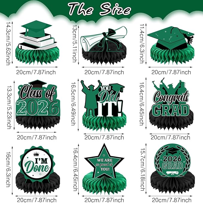 Yisong 9 Pieces 2026 Graduation Party Table Decorations Class of 2026 Congrats Graduation Centerpieces for Tables Congratulate Honeycomb Centerpiece Topper for Grad Party Supplies(Green)