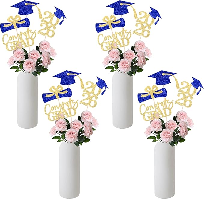 Gexolenu 16 PCS Gold and Blue Double-Sided 2026 Graduation Centerpieces for Tables, 2026 Table Toppers Party Centerpiece Sticks Party Supplies, Graduation Party Decorations Class of 2026, Set of 4