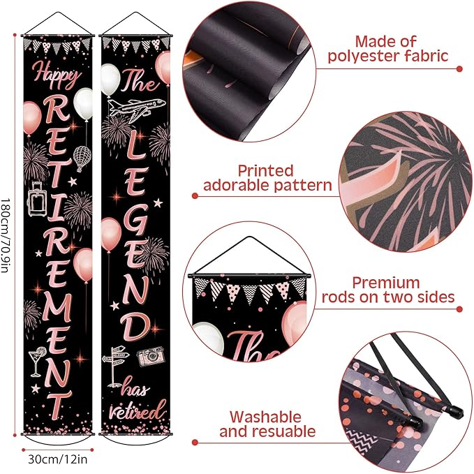 Boao Retirement Porch Sign Door Hanging Banner, Retirement Banner the Legend Fabric Door Sign Background for Retire Party Decoration Supplies, 71 x 12 Inches(Black and Rose Gold)