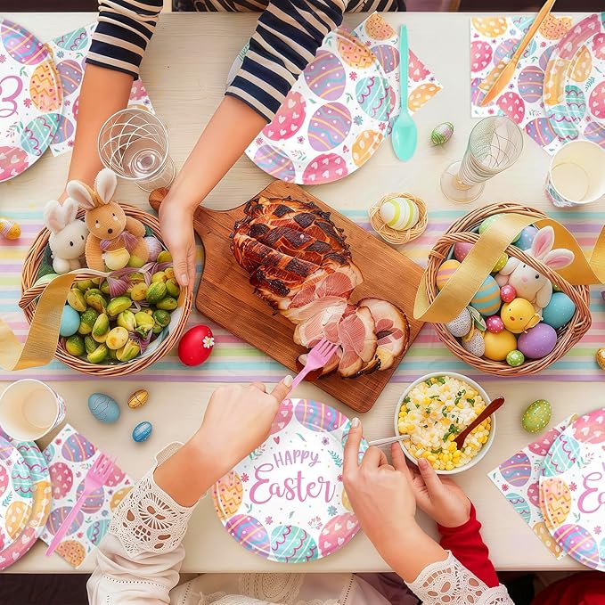 168PCS Easter Day Party Supplies Colorful Eggs Pattern Party Decorations Easter Dinnerware with Paper Plates Napkins Cups Forks for Spring Holiday Celebrations Picnic Favors Serves 24