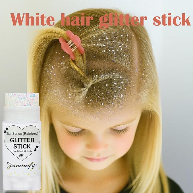 Rainbow White Hair Glitter Stick for Kids,Mermaid Fairy Costume Body Face Glitter, Singer Concert Cosplay Glitter Makeup,Waterproof Sequins Rave Accessories,Mardi Gras Outfit for Women