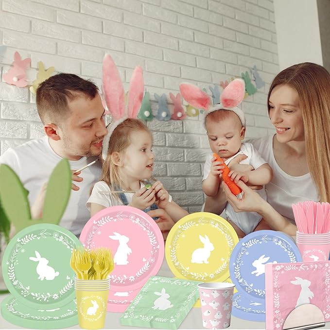 Easter Plates and Napkins, 144Pcs Easter Decorations Colorful Bunny Paper Plates and Napkins, Cups, Forks, Knives for Spring Easter Bunny Picnic Party Supplies, Serves 24