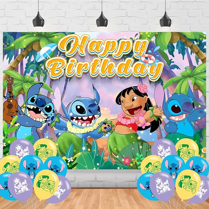 Summer Stittch Birthday Decorations,Summer Hawaiian Luau Aloha Backdrops for Party Decorations Supplies,Anime Happy Birthday Banner Backdrop for Party Supplies (5x3ft)