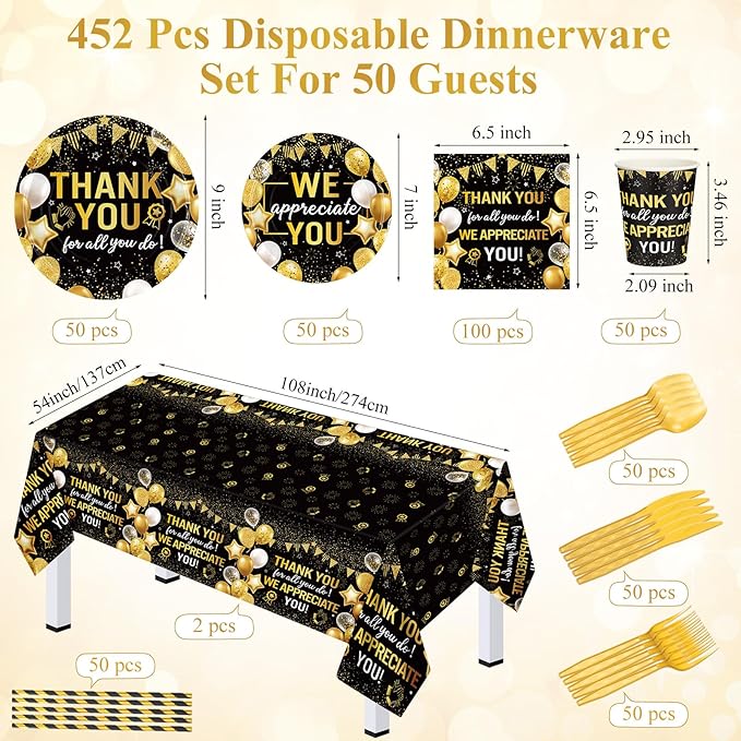 452 Pcs Black Gold We Appreciate You Decorations for 50, Thank You Paper Plates Napkins Cups Tablecloth Cutlery Straws for Employee Housekeeping Week Pastor Appreciation Party Supplies