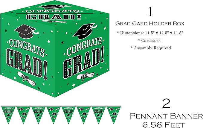 Serves 30 | Ultimate Party Pack | Congrats Grad Green Party Supplies | 9" Dinner Paper Plates | 7" Dessert Paper Plates | 9 oz Cups | 3 Ply Napkins | 2 Table Cover | 20 Photo Props | 12 Swirls | 30