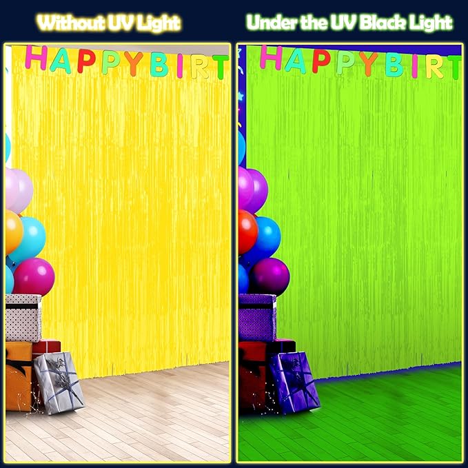 6 Pack 3.3Ft x 6.6Ft Yellow Glow in The Dark Foil Fringe Curtain Backdrop Party Supplies, Fluorescent Macaron Metallic Tinsel Foil Streamers Curtain Photo Booth for Neon Birthday Party Decorations