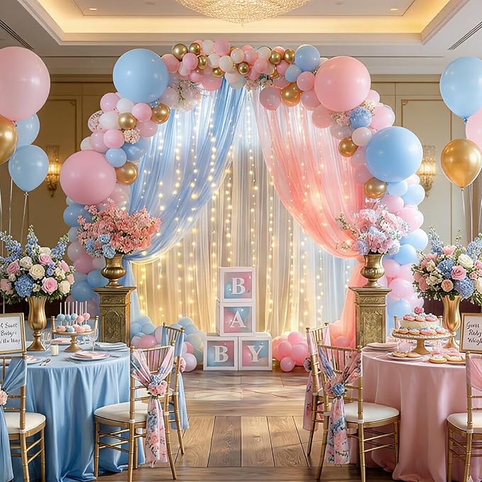 Pink Blue Sheer Backdrop Curtains with Lights String for Baby Shower Decor 10×8FT Backdrop Curtain for Parties Boy or Girl Birthday Party Wedding Gender Reveal Baby Shower Decoration (2 Panels 4×10ft)
