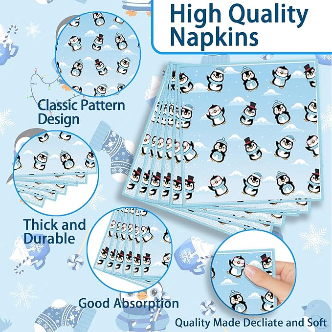 Winter Penguin Party Supplies Set, 141 Pieces Birthday Decorations with Plates, Cups, Tablecloth, Banner, Blue and White Theme Pack for 20 Guests