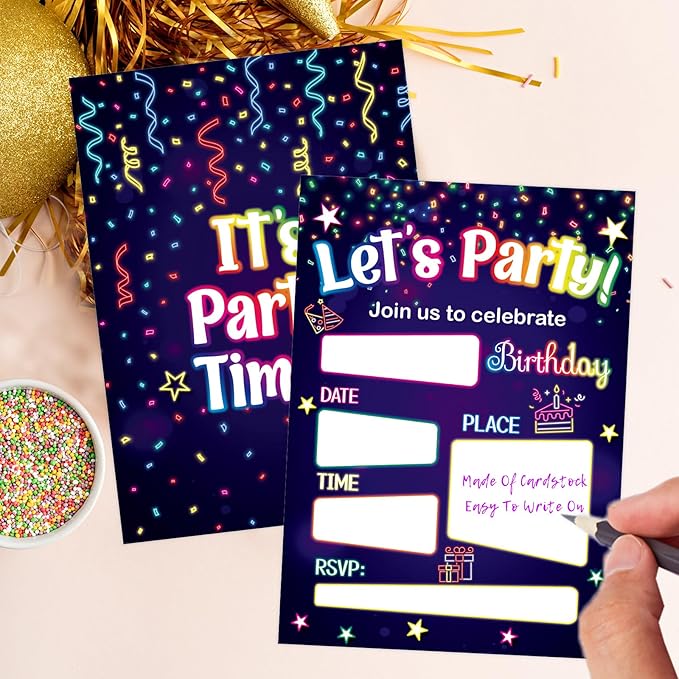 WorldBazaar Neon Birthday Invitations With Envelopes 20 Pack Let's Glow Theme Kids Birthday Party Invitation For Boys Girls Birthday Party Supplies