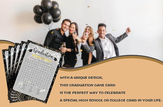 Graduation Party Games - Word Search Game Cards for The Graduate - Graduation Party Decorations 2024 - Gold & Black Grad Celebrations Party Supplies for High School/College - 30 Game Cards(G01)