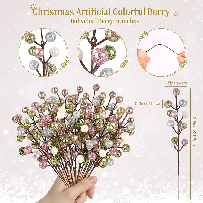 HOHOTIME 24 Pack Artificial Berry Stems Branches, Christmas Faux Holly Berries Branches Ornaments for Christmas Tree Wreath DIY Craft Decorations Holiday Home Decor